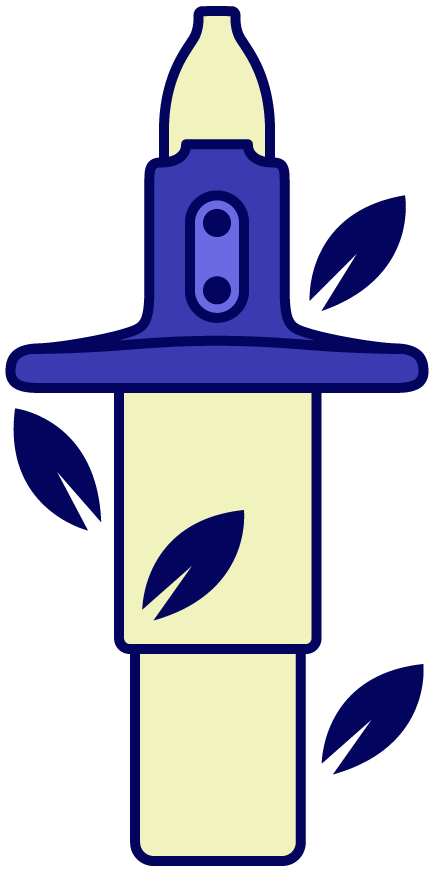 Stylized illustration of a blue and beige inhaler with dark blue leaves.
