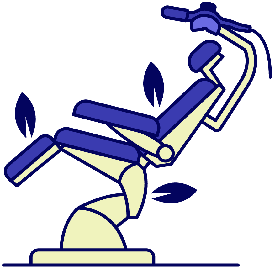 A blue and cream dental chair in a reclined position.