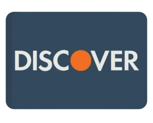 Discover credit card logo: White text on a dark blue rectangle, with an orange dot.