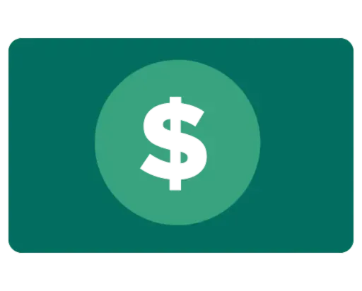 Green gift card with dollar sign icon.