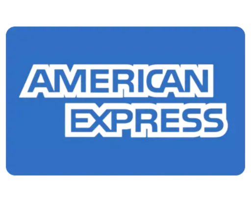 American Express logo on a blue rectangle; white text.
