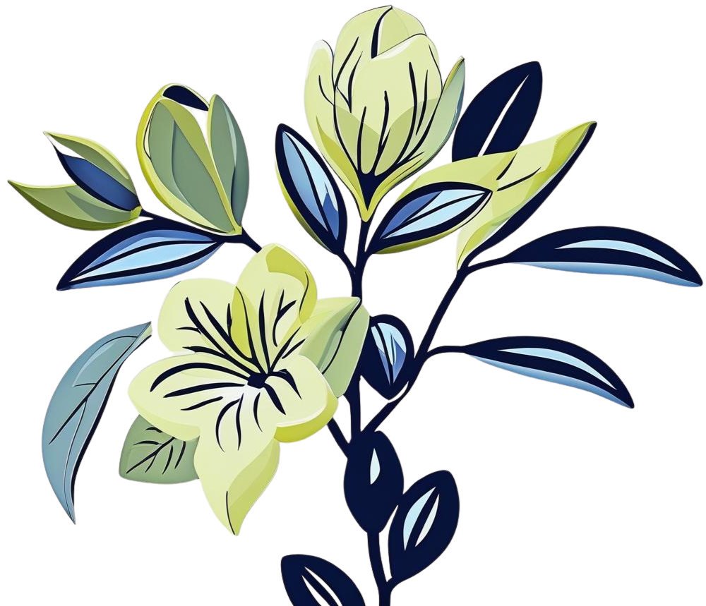 Pale yellow and blue floral illustration on white background.