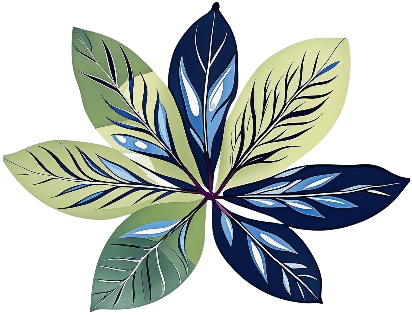 Stylized leaf arrangement in shades of green and blue, radiating from a central point.