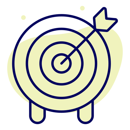 Target with an arrow hitting the bullseye, outlined in blue with a yellow background.