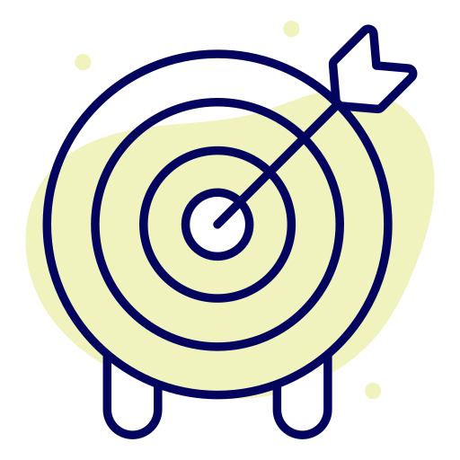 Target with arrow in the center; dark blue on a light yellow background.