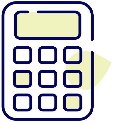 Calculator with nine number buttons and a display, in light yellow and navy blue.