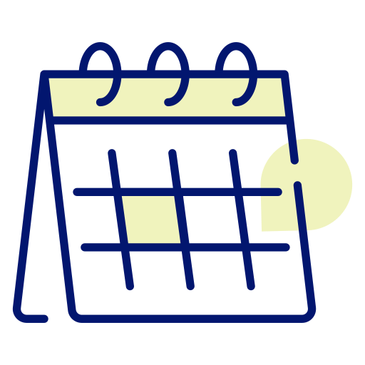 Calendar icon, dark blue outline, light yellow background, simple graphic design.