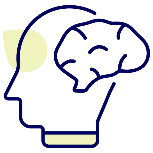Outline of a person's head with a brain visible inside; light yellow accents.