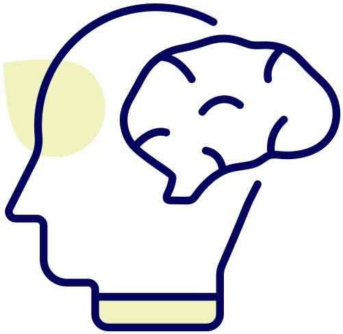 Outline of a head with a visible brain. Yellow and blue colors.