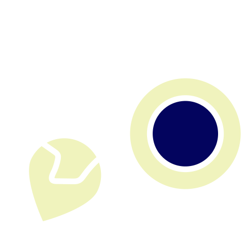 A blue-centered circle with a light yellow ring next to a light yellow, irregularly shaped object.