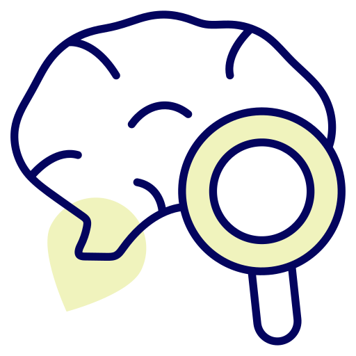 Brain with a magnifying glass over it; yellow highlights.