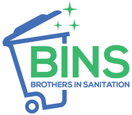 A logo for bins brothers in sanitation with a trash can and stars.