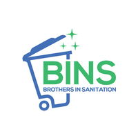 A logo for bins brothers in sanitation with a trash can and stars.