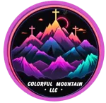 Colorful mountains with three crosses under a neon sun, logo for Colorful Mountain LLC.