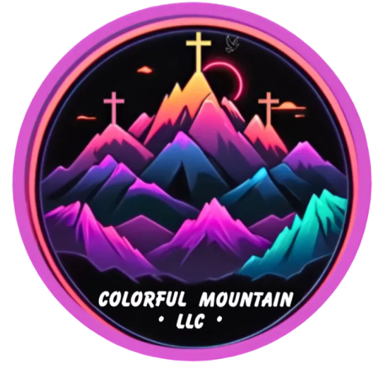 Colorful mountains with three crosses under a neon sun, logo for Colorful Mountain LLC.