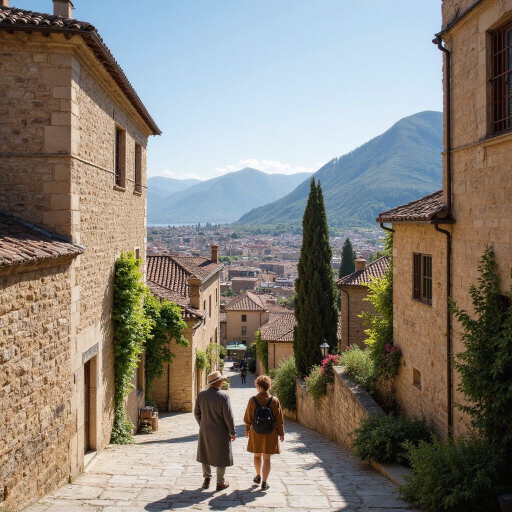 Two people walk down a cobblestone street in a European town, toward a city and mountains under a blue sky.