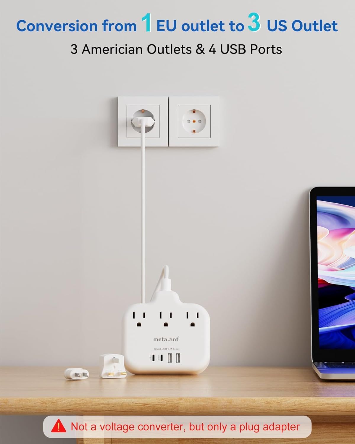 A converter from 1 eu outlet to 3 us outlet with 3 american outlets and 4 usb ports