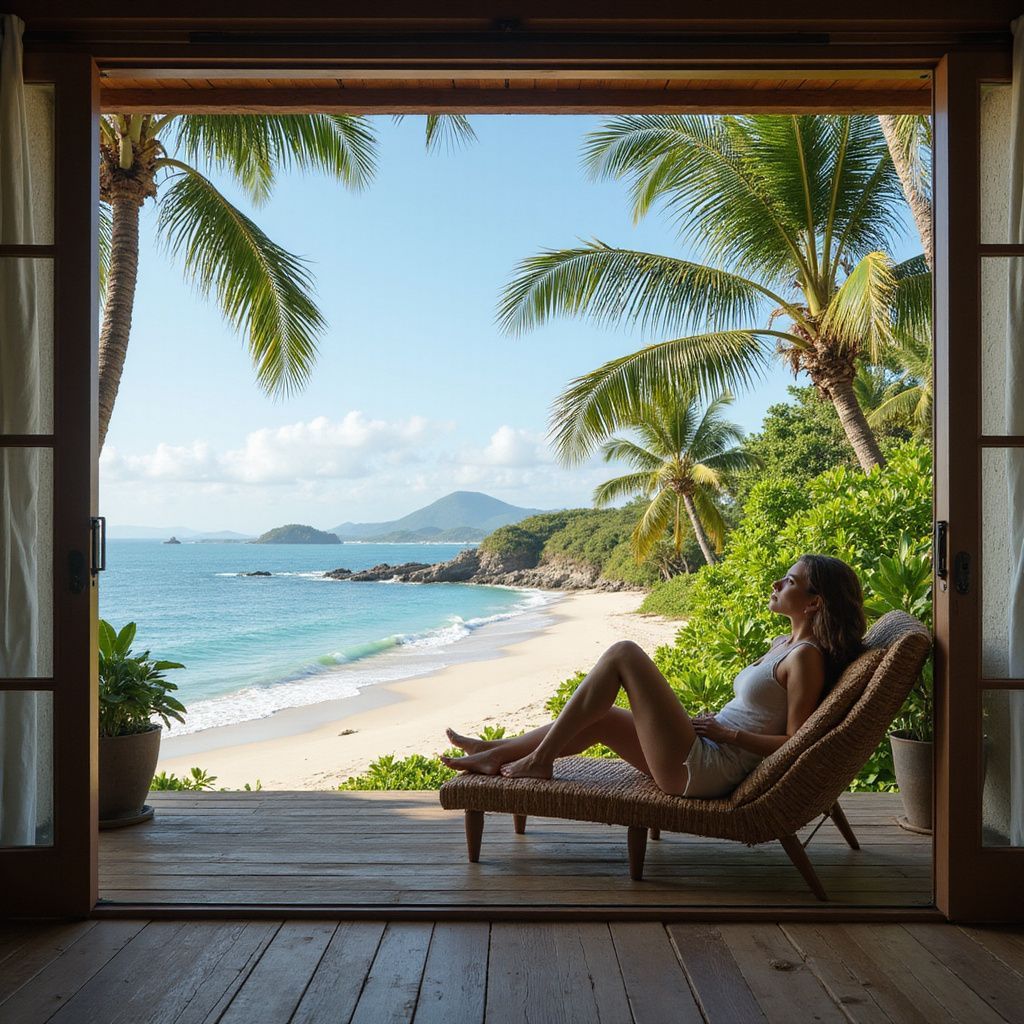 Woman relaxing on a deck chair, overlooking a tropical beach with palm trees and blue ocean.