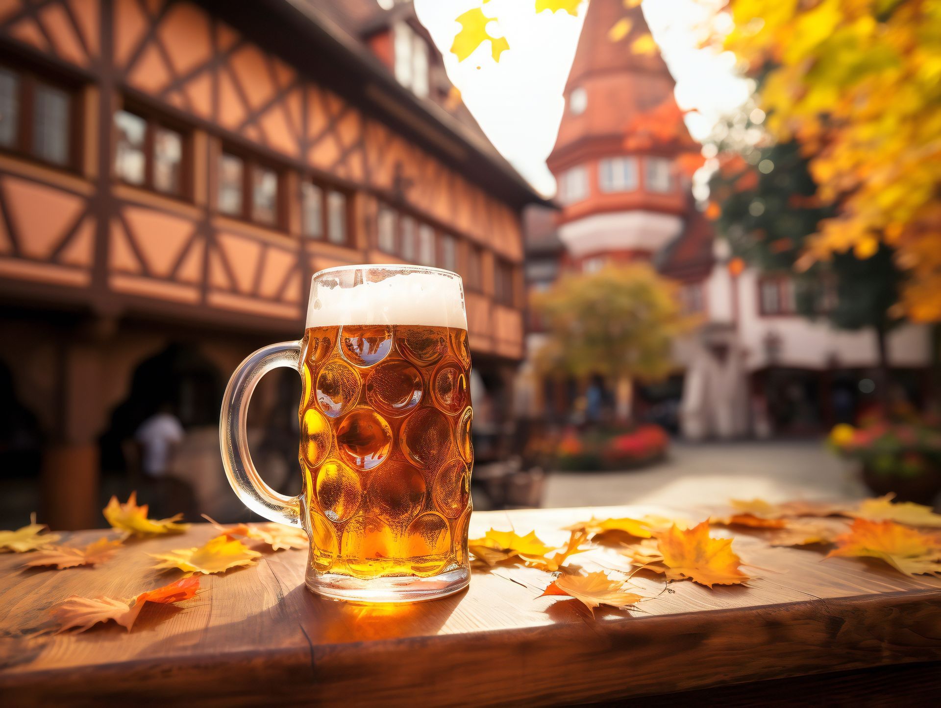 A glass of beer is sitting on a wooden table with leaves.