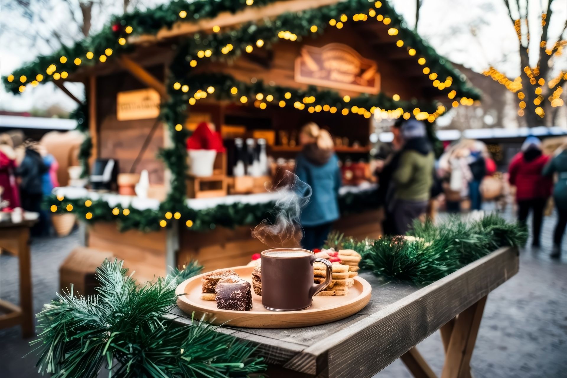 Wooden tray with snacks and hot drink at a festive Christmas market. People shop around a decorated stall.
