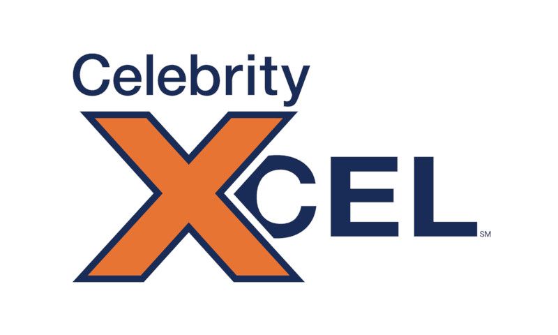 Celebrity Xcel logo with navy blue text and orange