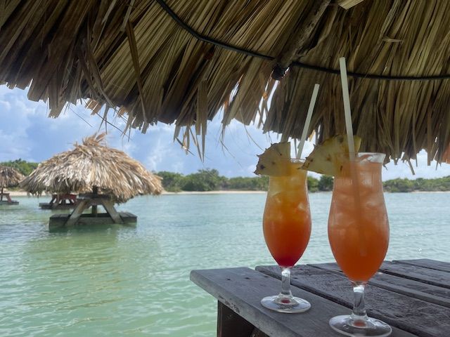 Two tropical cocktails on a wooden table with a thatched-roof hut in the background, overlooking the water.