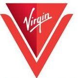 Virgin logo: Red inverted V with a shaded triangle inside, white 