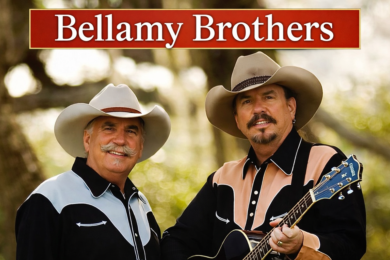 Bellamy Brothers. Two men in cowboy hats, smiling, one holding a guitar. Outdoors, trees in background.