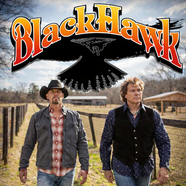 BlackHawk band members walking in rural setting; logo above, hawk silhouette.