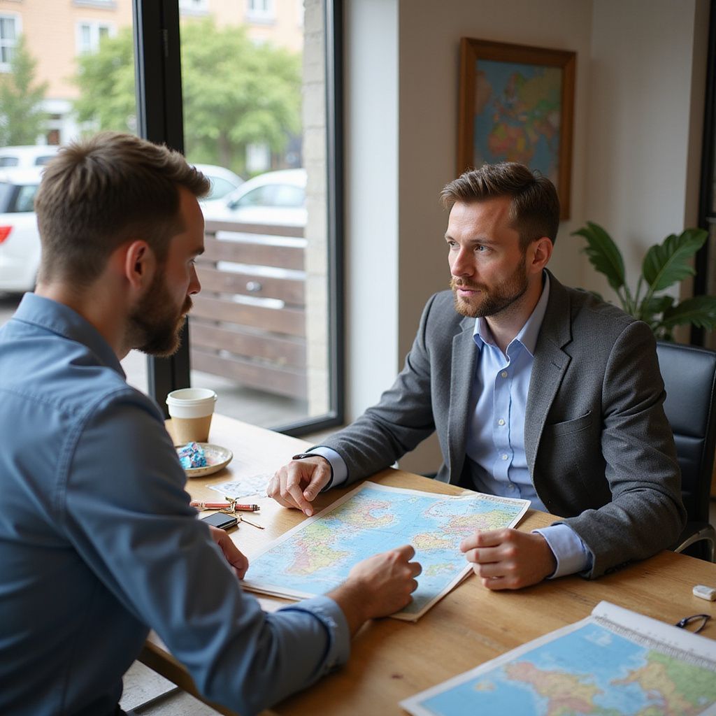 Two men at a table, looking at maps. One wears a blue shirt, the other a blazer. Coffee and a window in the background.