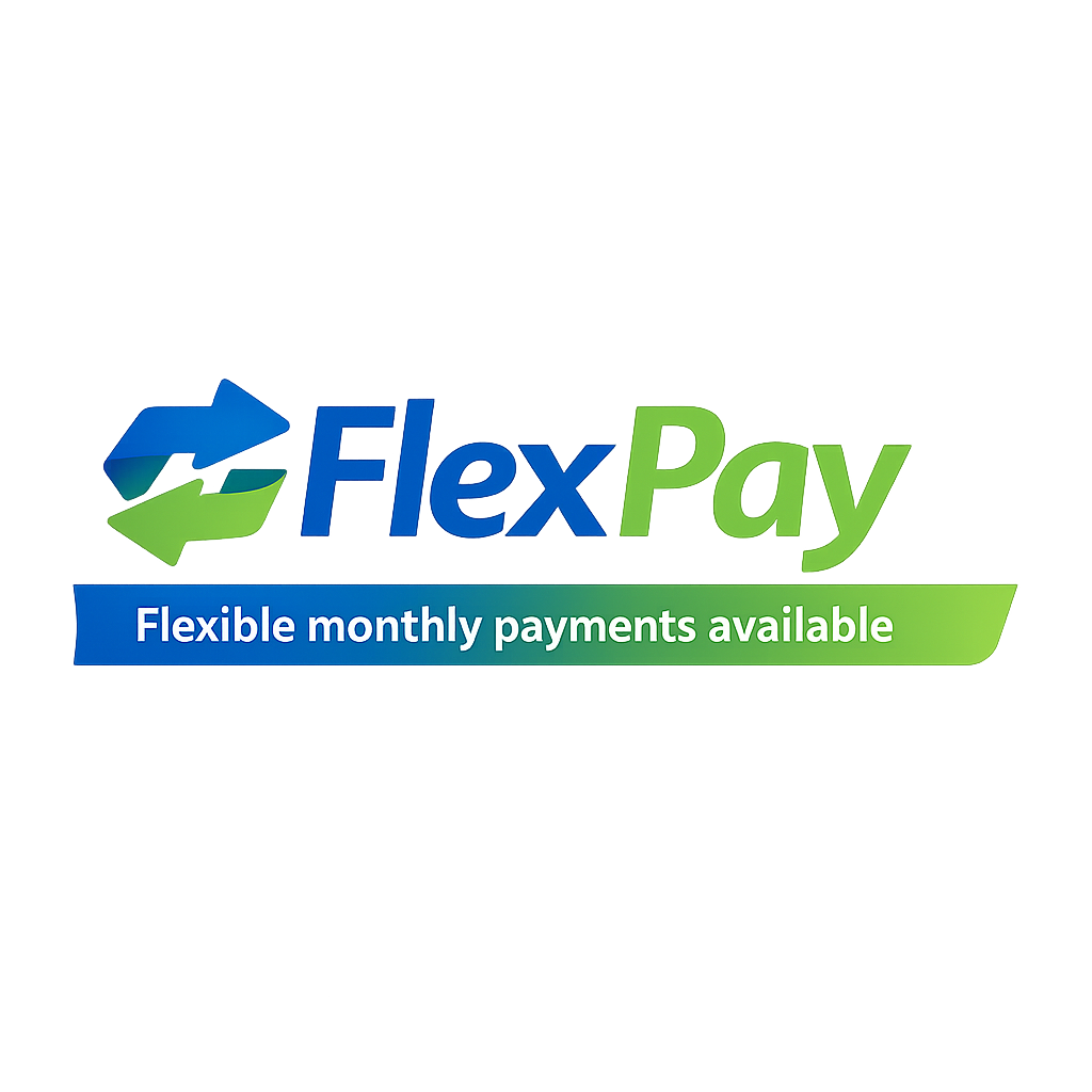 FlexPay logo with blue and green arrows, text, and 