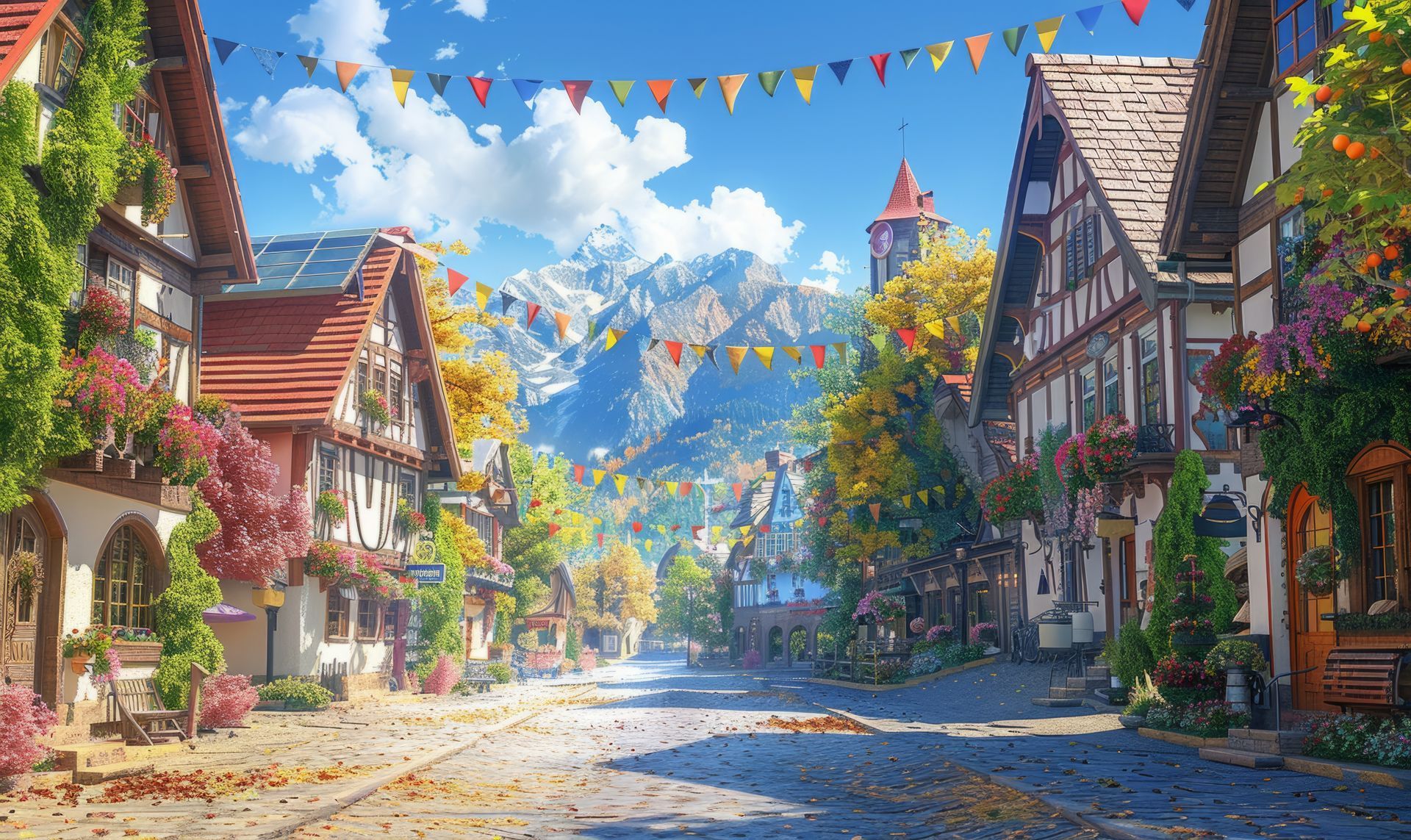 A painting of a small town with a mountain in the background.
