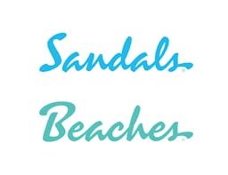 The logo for sandals beaches is blue and green on a white background.