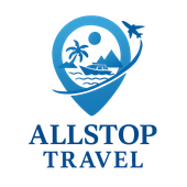 Logo for Allstop Travel: blue location pin with island scene, airplane, text "Explore the world&hellip;"
