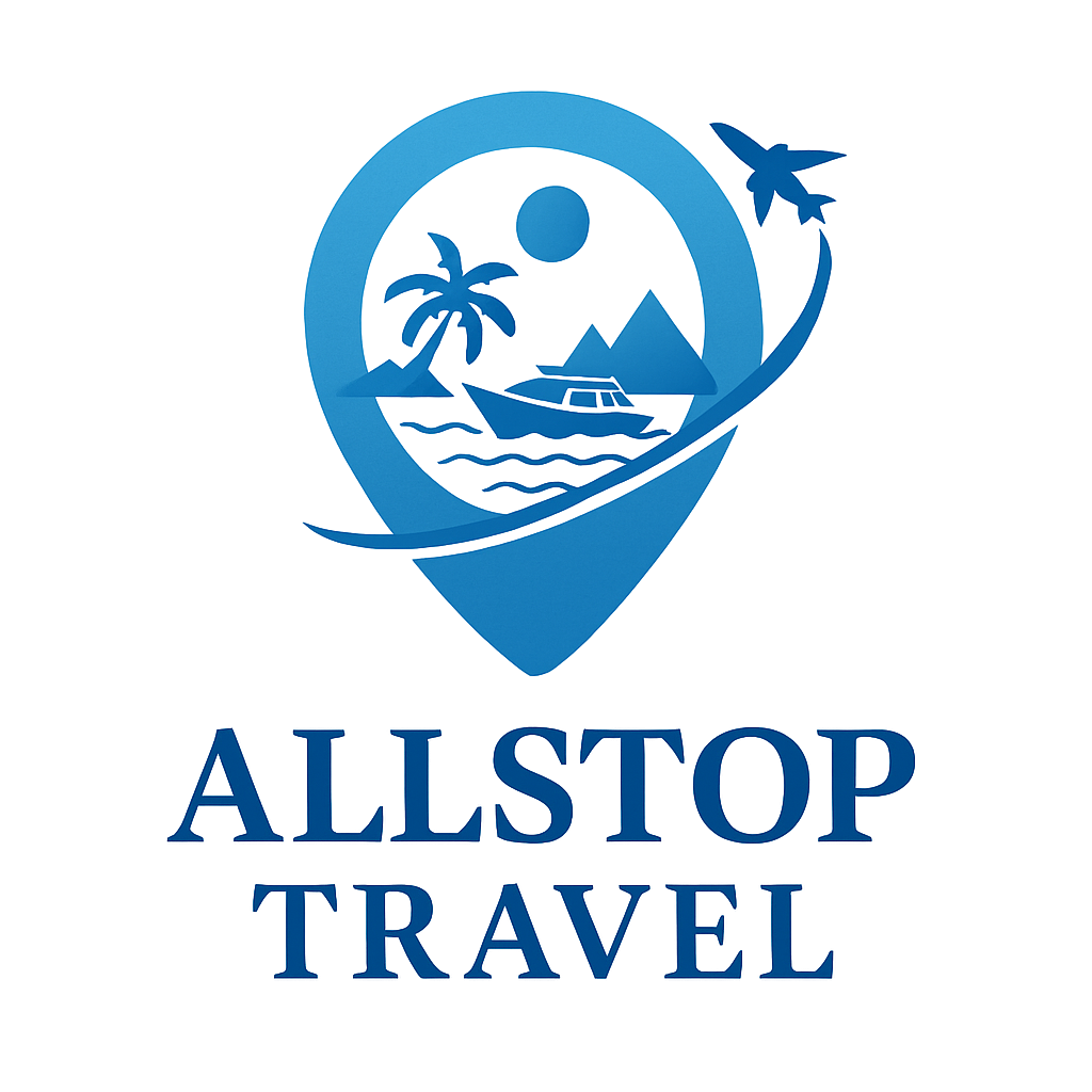 Logo for Allstop Travel: blue location pin with island scene, airplane, text "Explore the world…"