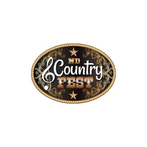 ND Country Fest logo: Oval, black background, gold trim, text “ND Country Fest,” musical note.