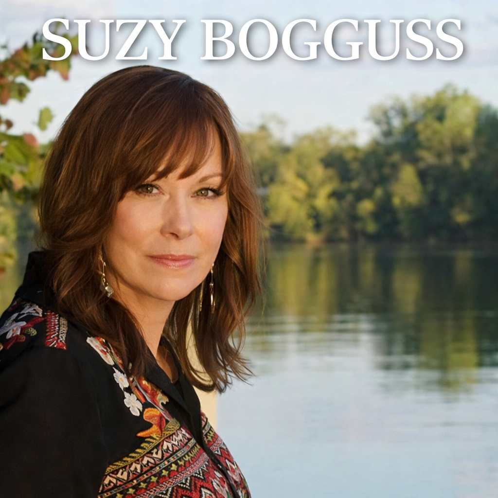 Suzy Bogguss standing by water, trees in background. She wears a patterned shirt and looks at the viewer.