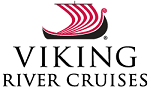 Viking River Cruises logo: Viking ship with maroon sails over black boat, below