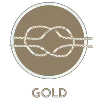 Gold circular logo with a nautical knot in a rope design.