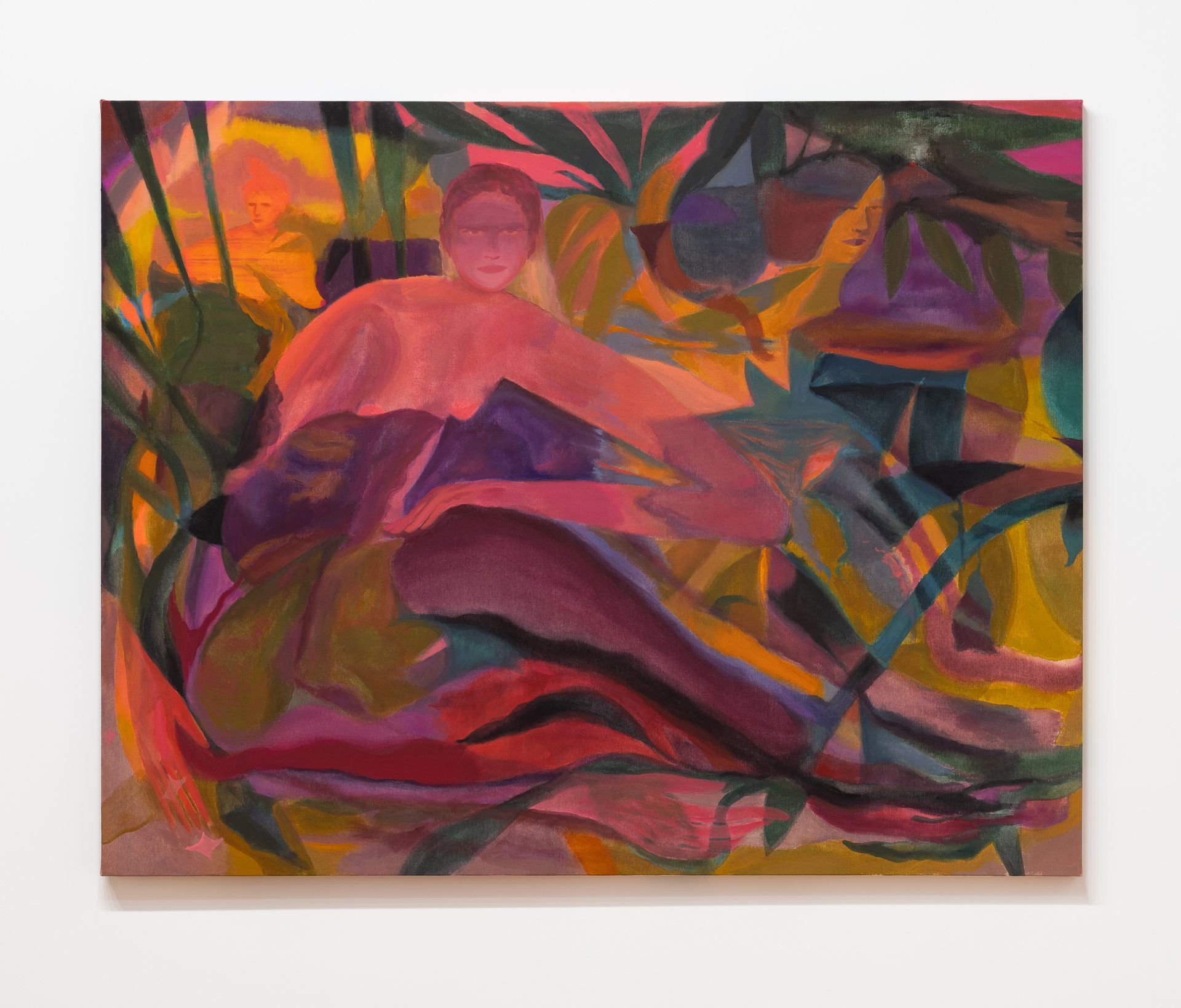 An abstract painting by Emily Elizabeth Wise shows a figure resting against vibrant, layered pink, purple, and green foliage.