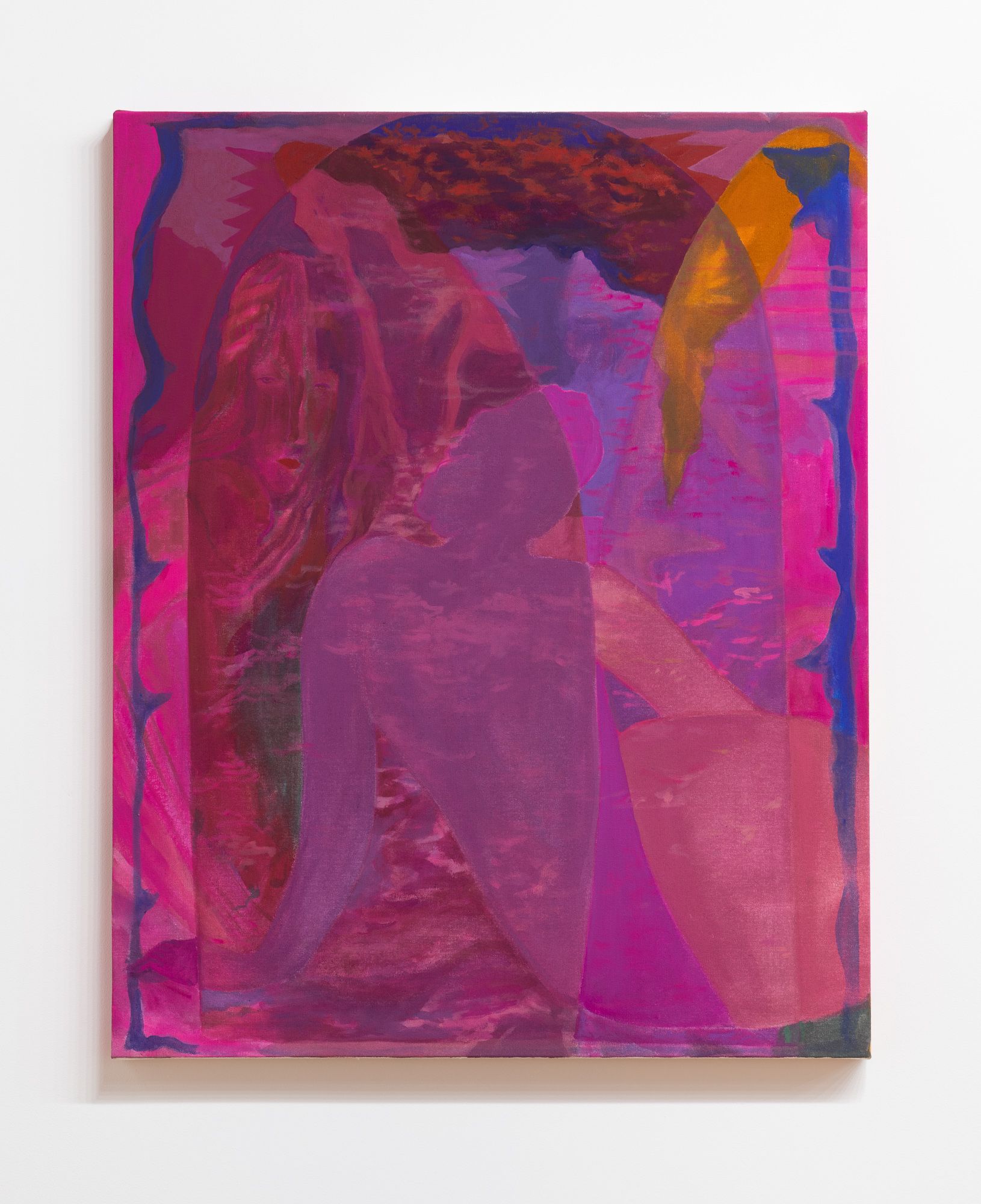 Abstract painting by Emily Elizabeth Wise with layers of magenta, purple, and deep red, features a central figure.