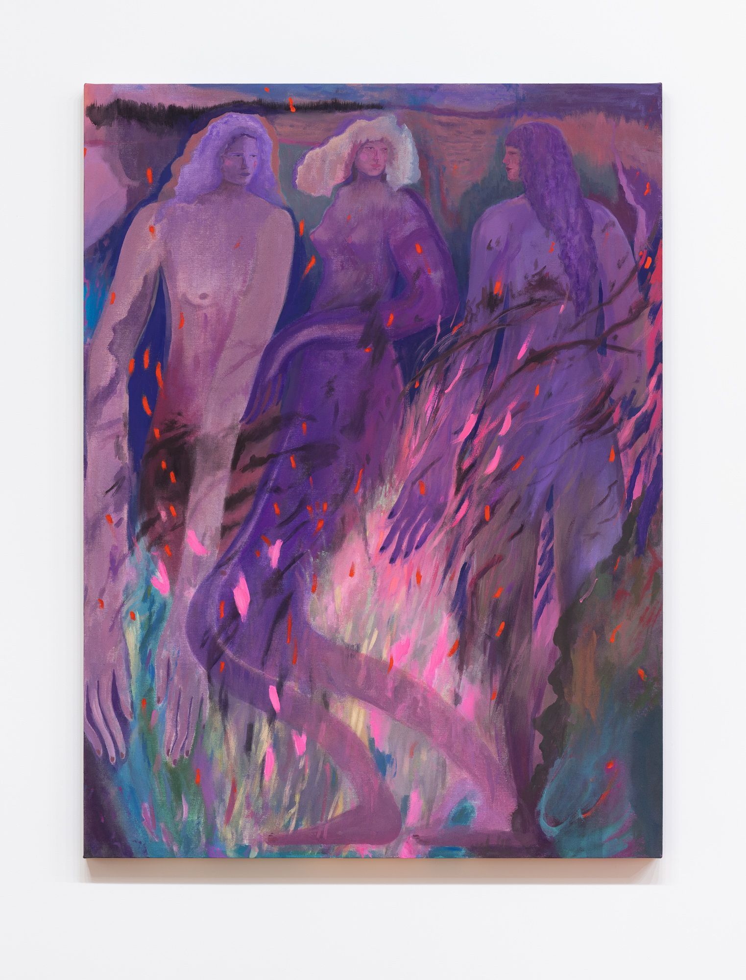 Three figures in shades of purple in a field with vibrant pink and orange flames rising around them, by Emily Elizabeth Wise.