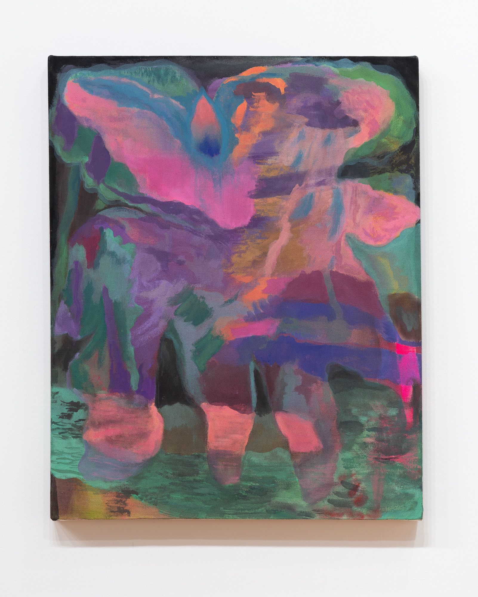 Abstract painting by Emily Elizabeth Wise with layered strokes in shades of pink, purple & green on a dark background.