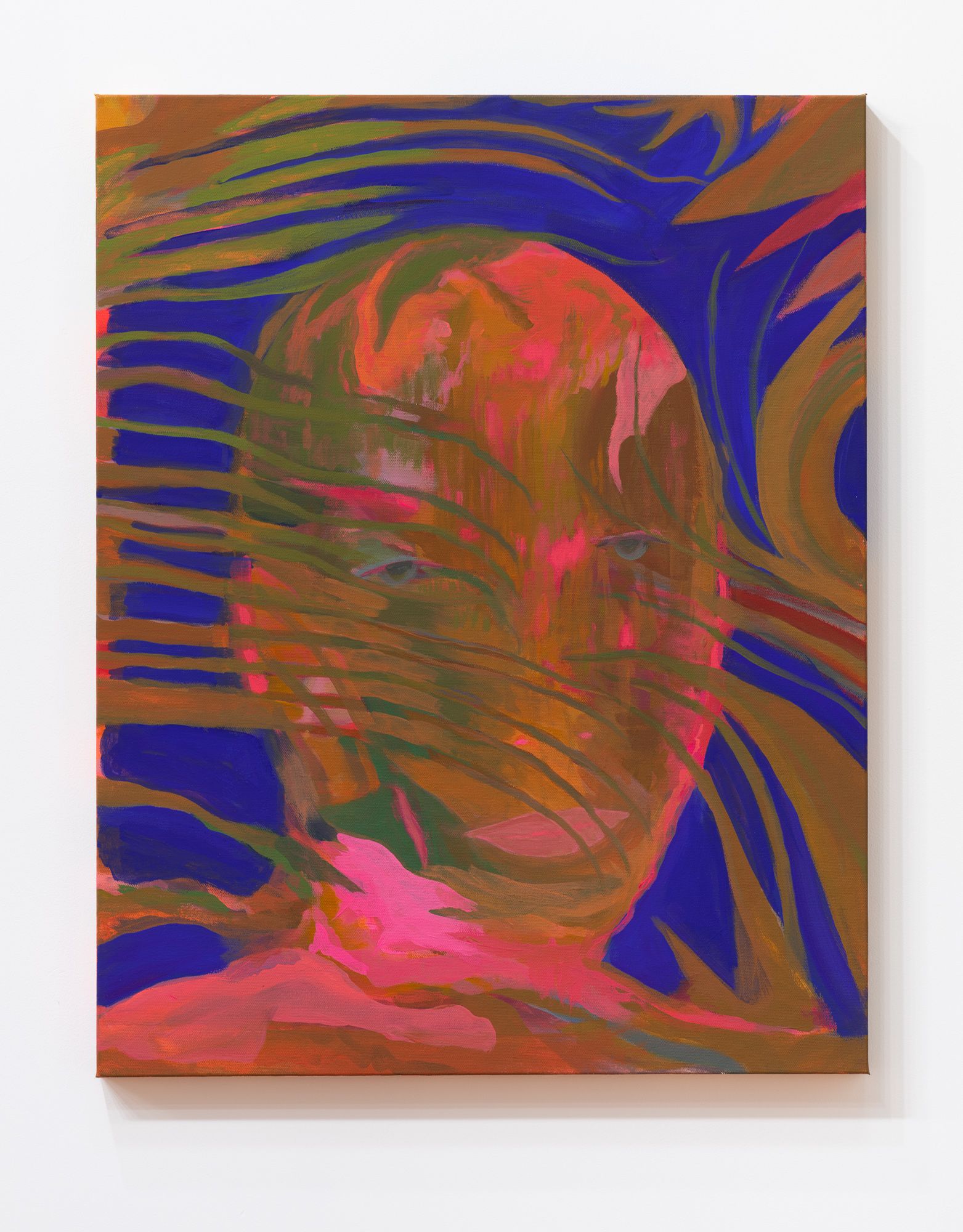 A painting by Emily Elizabeth Wise featuring a blurry, abstract face layered with brown lines over a vibrant blue background.