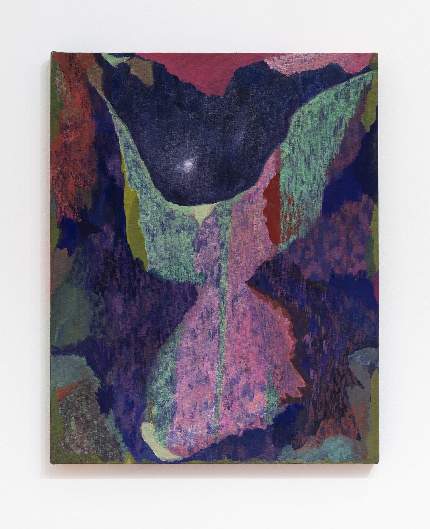 Abstract painting by Emily Elizabeth Wise with textures in blue, pink, and green, featuring a central dark, luminous shape.