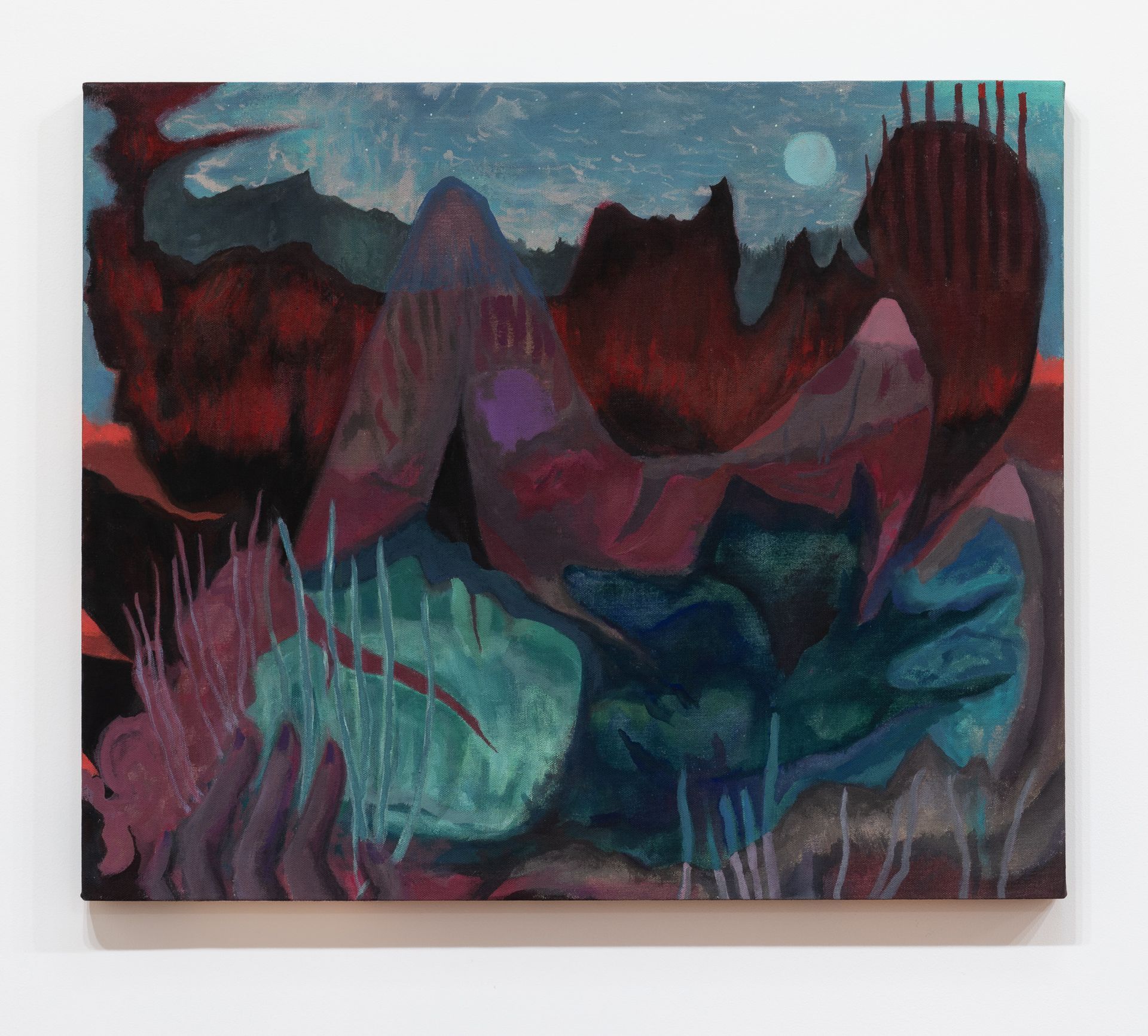 An abstract oil painting by Emily Elizabeth Wise shows dark red mountains beneath a moonlit blue sky, with green below.