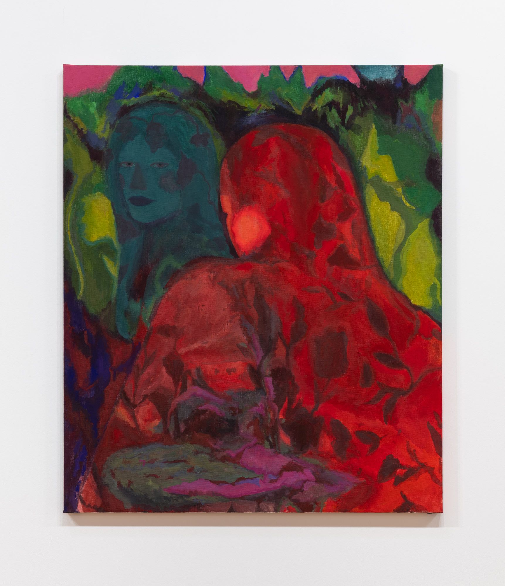 A textured painting by Emily Elizabeth Wise features a red figure facing away from a teal face against a dark background.