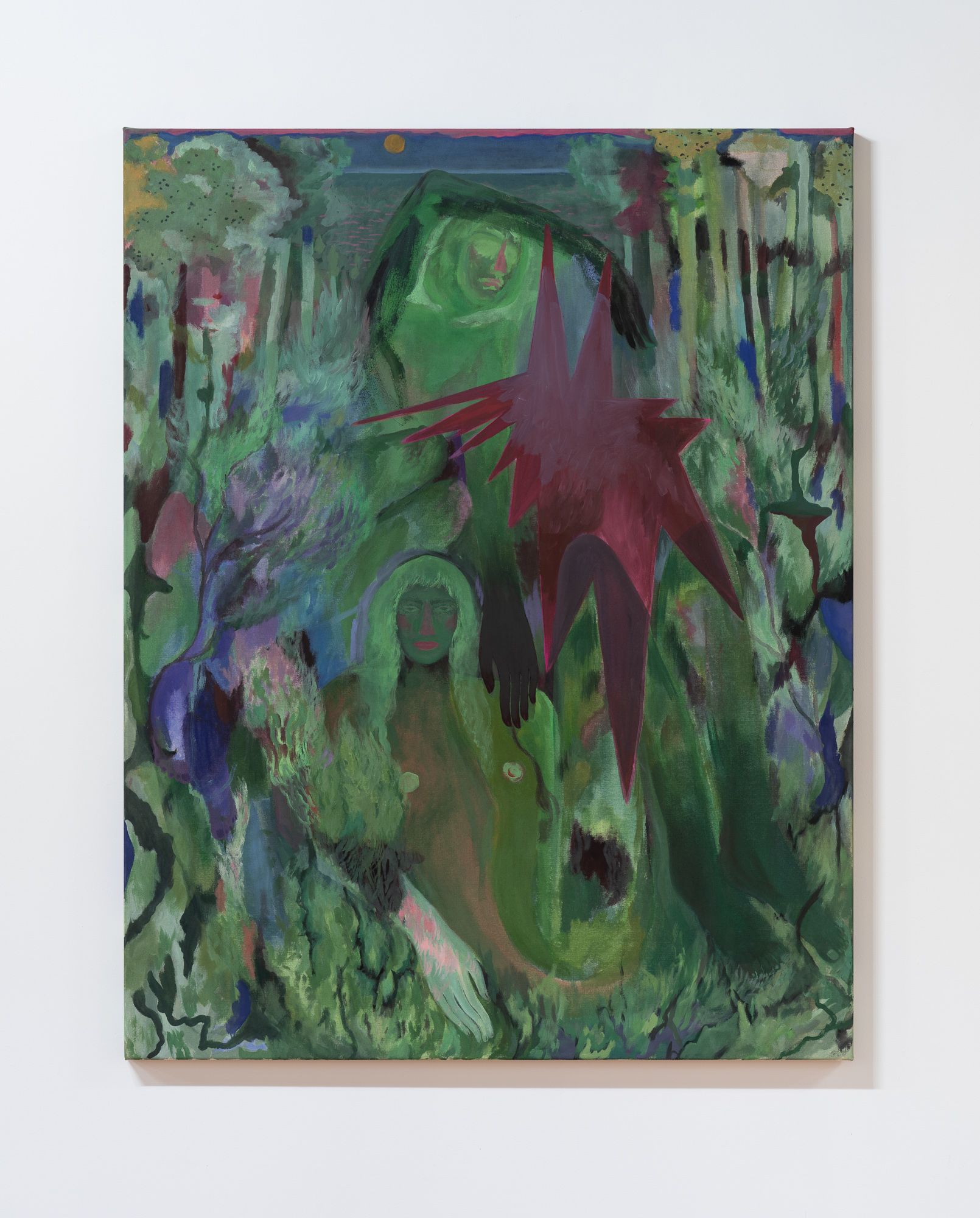 Abstract painting by Emily Elizabeth Wise featuring layered greens, a central figure, and a jagged, deep red starburst shape.