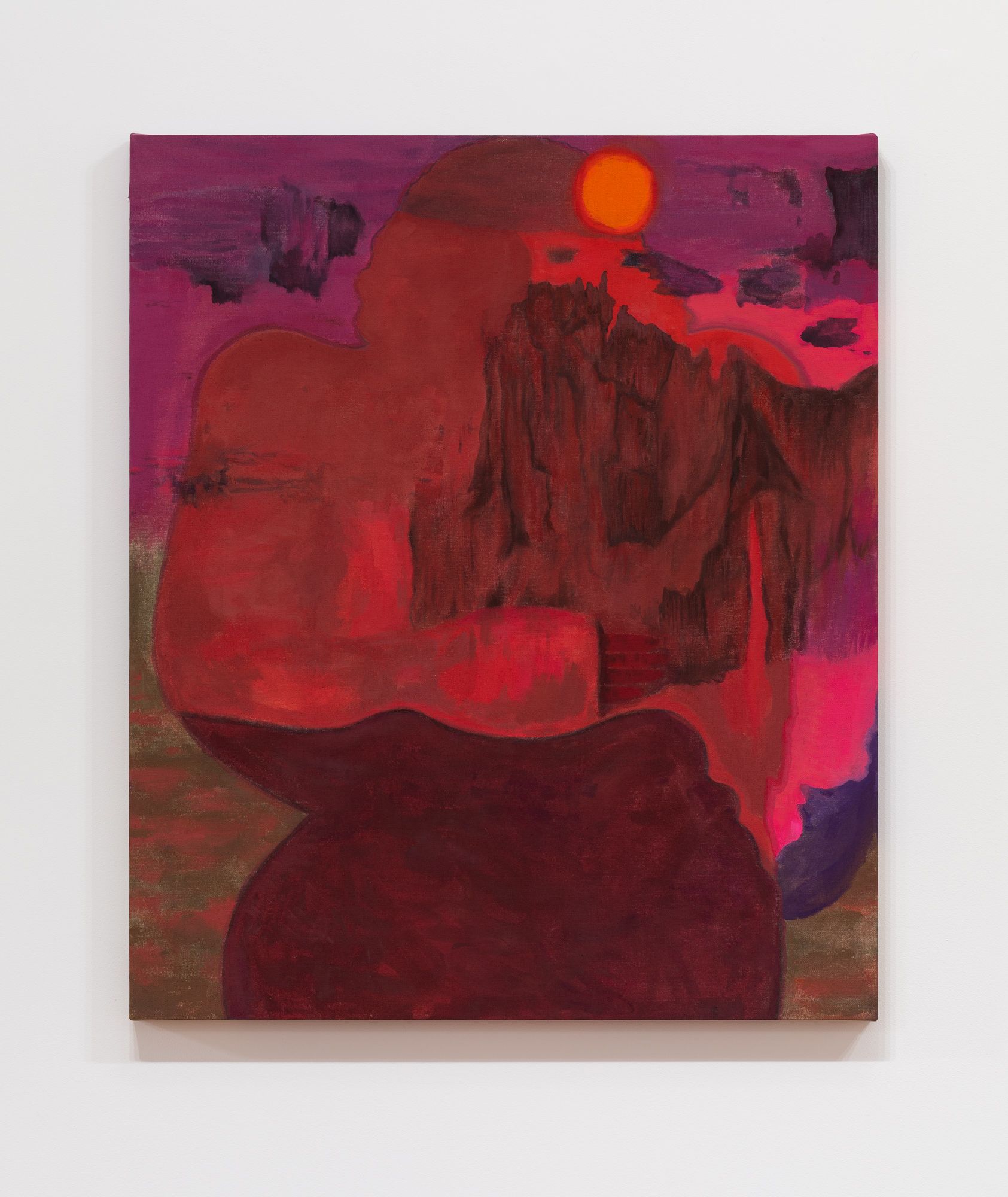 Abstract painting by Emily Elizabeth Wise in shades of deep red and purple, featuring a central dark, textured shape.