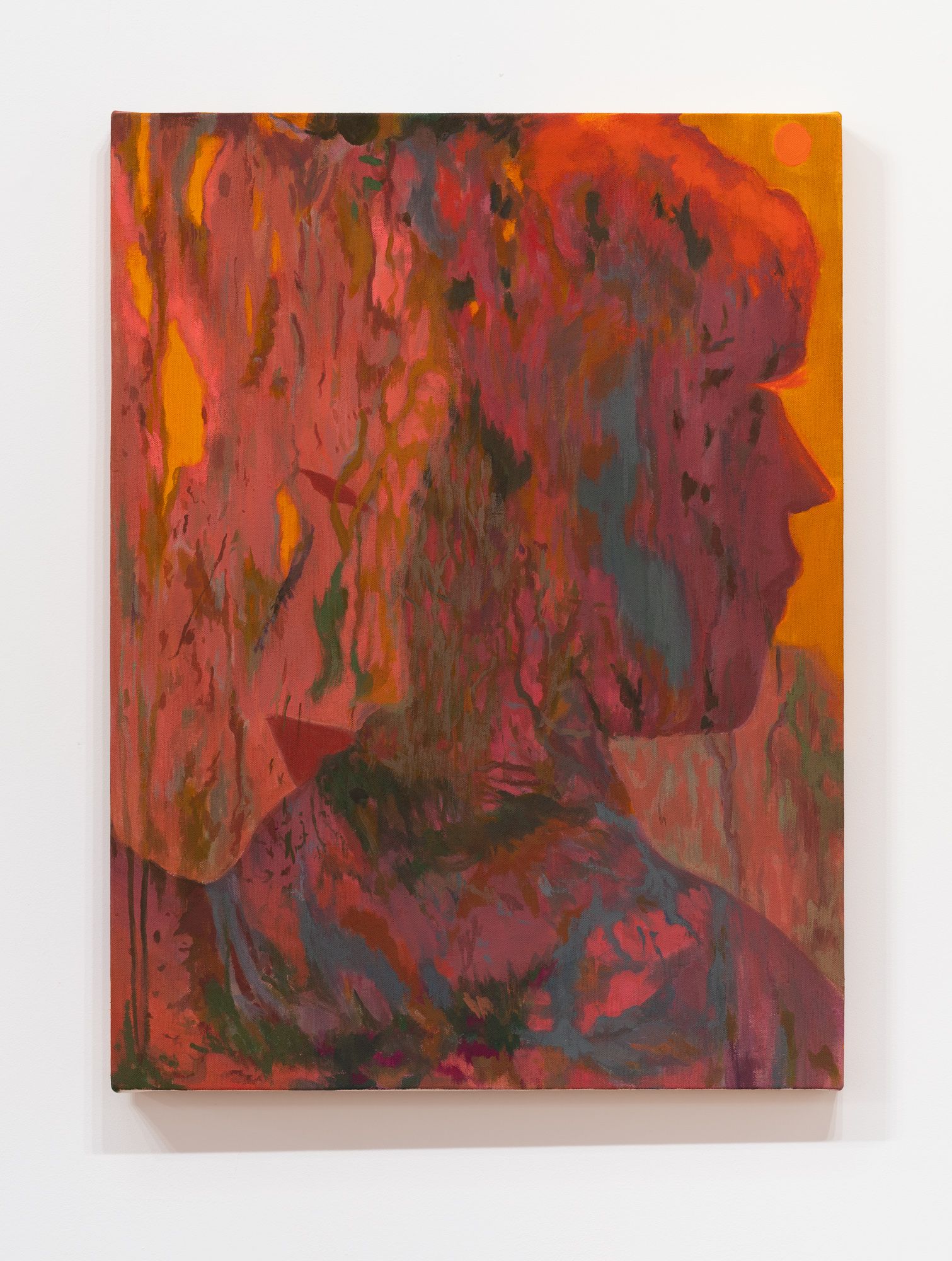 An abstract painting by Emily Elizabeth Wise featuring a profile silhouette over a reddish-orange and deep-purple wash.